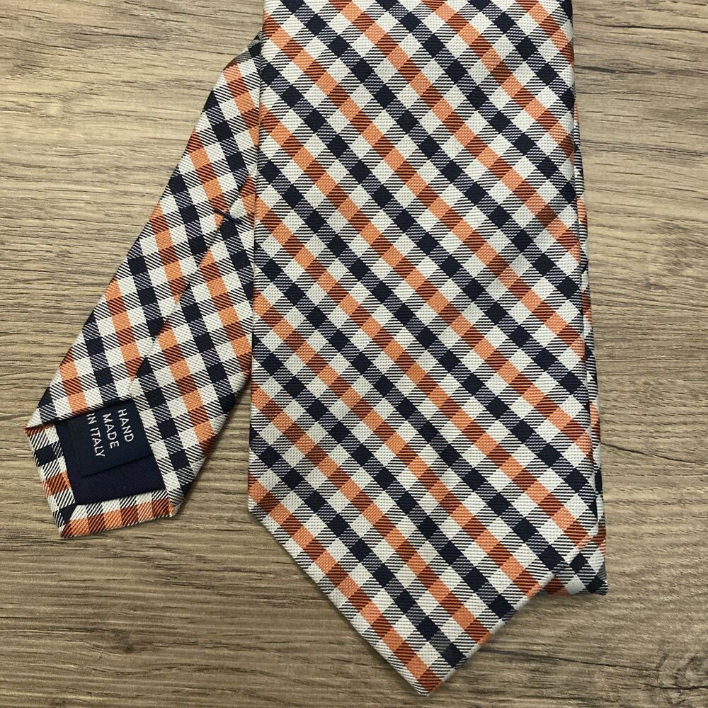 Polo Ralph Lauren Silk Tie Orange Navy Cream Gingham Check Hand Made Silk ITALY